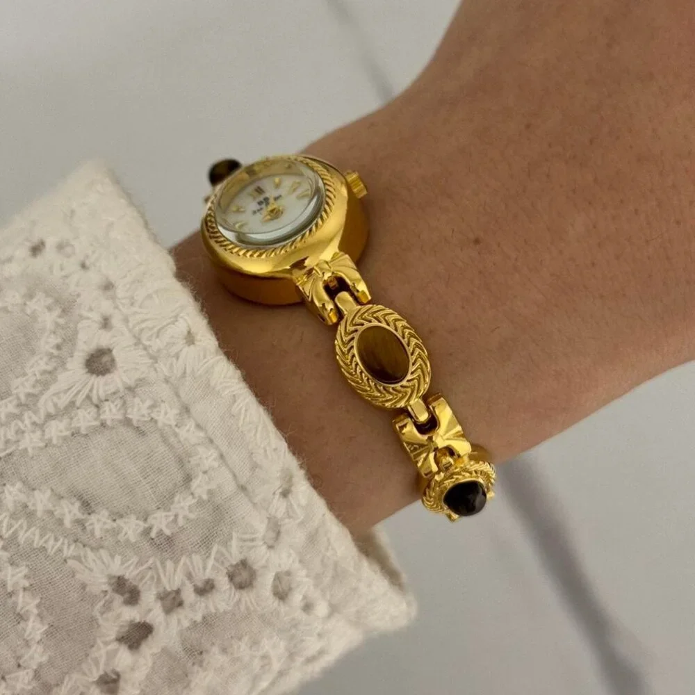 SKU:0449 Gold white watch‎ brown natural stones + in gift bag Stainless steel